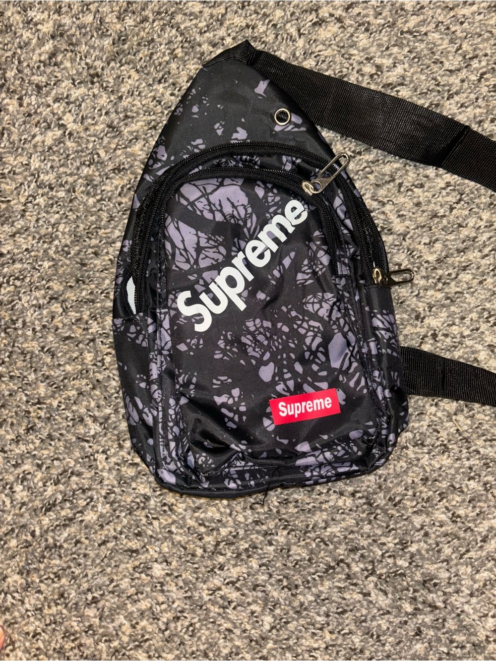 Supreme Black & Purple Pattern Sling Bag with Red Logo